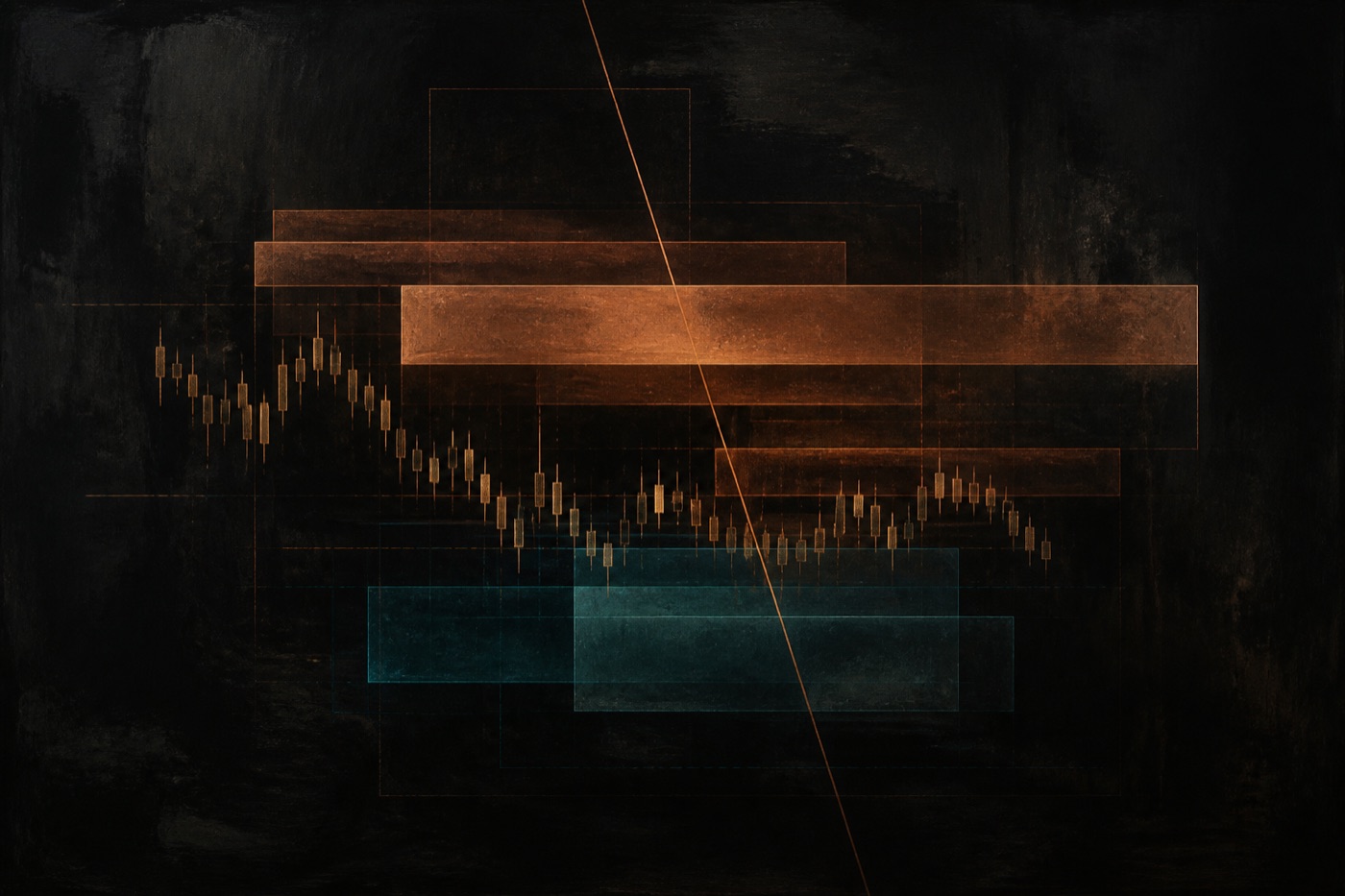 Copper candlesticks with translucent supply and demand boxes on an ink sheet.