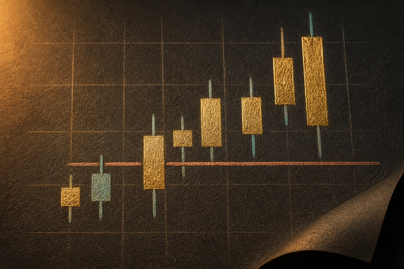 Copper candlesticks on an ink sheet, with the page corner turned up.