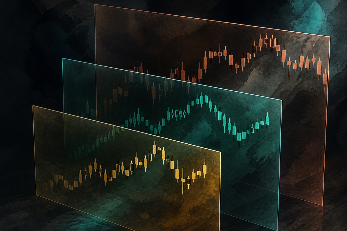 Three overlapping chart panes in copper, teal, and amber — the same market on different clocks.