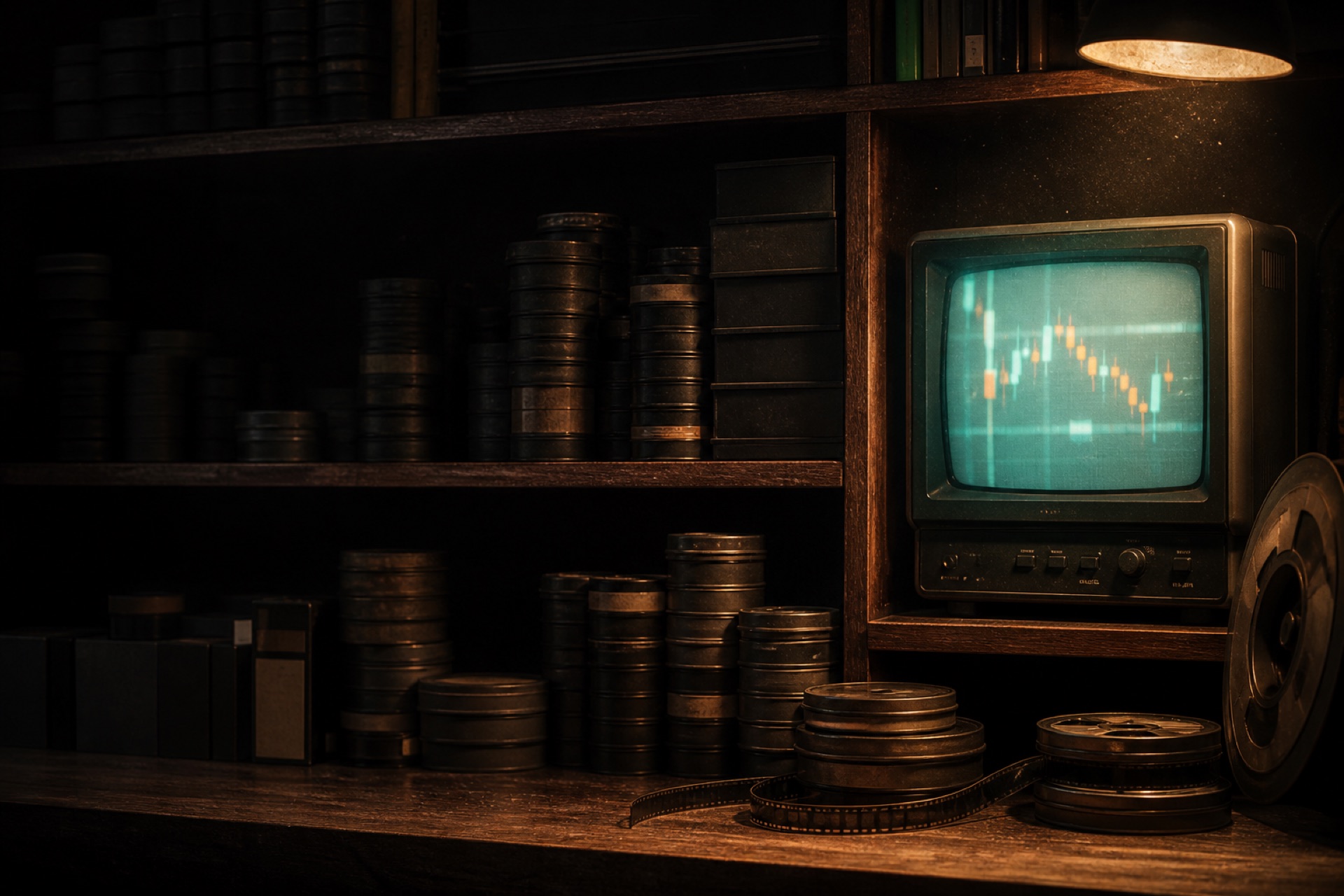 Film canisters on dark shelves around a small television showing a candlestick chart.